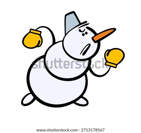 Funny aggressive snowman in a winter battle with a rival. Vector illustration of a fabulous character in boxing gloves fighting in the ring, defeating the enemy. Cartoon athlete.