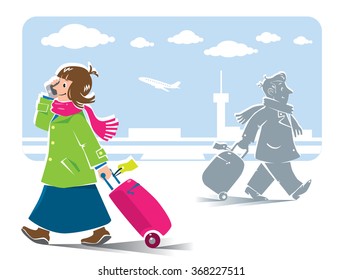 Funny air passengers with airport background