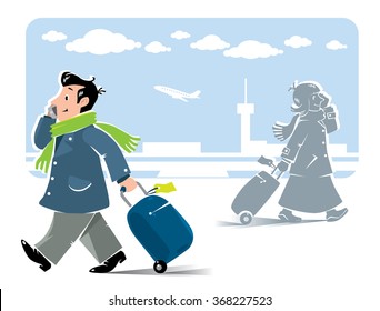 Funny air passengers with airport background