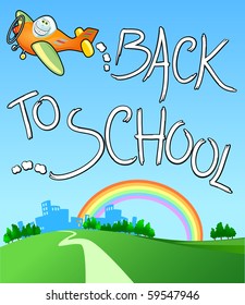 A funny air smiling writes in the sky with smoke says "Back to school". Vector