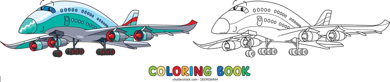 Funny airliner plane with eyes. Coloring book