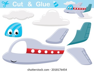 Funny airplane with clouds. Education paper game for children. Cutout and gluing. Vector cartoon illustration