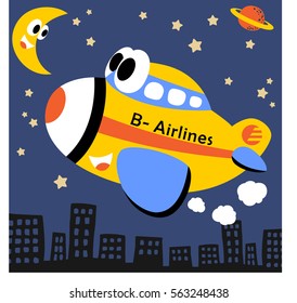Funny airplane flying across buildings at night, vector cartoon illustration