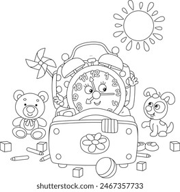 Funny alarm clock cartoon character awaking up in its small bed among toys in a nursery on a sunny morning, black and white vector cartoon illustration for a coloring book