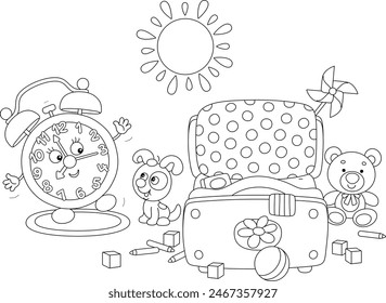Funny alarm clock cartoon character and a little puppy doing morning exercises on a carpet in a bedroom with scattered toys, black and white vector cartoon illustration for a coloring book