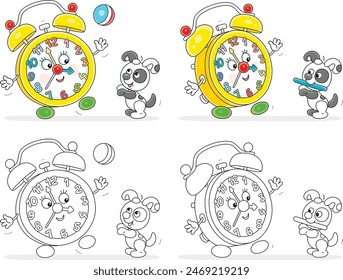 Funny alarm clock cartoon character merrily playing with a little puppy on a playground in a park, a set of color and black-and-white outline vector illustrations