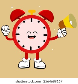 Funny alarm clock, Alarm clock cartoon character, Cute clock cartoon mascot holding megaphone message perfect to valentine greeting card, sticker, mascot, icon, wake up