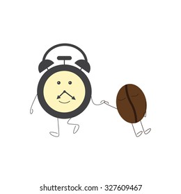 Funny alarm clock character dragging sleeping coffee bean. Concept of morning sleepiness. Flat style illustration on white background