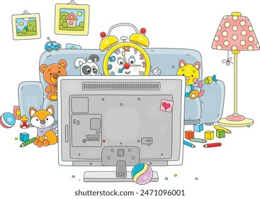 Funny alarm clock character and a small puppy sitting on a sofa among scattered toys and watching cartoons on a TV set in a nursery playroom, vector illustration on a white background