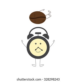 Funny alarm clock character throws up sleeping coffee bean. Concept of morning sleepiness. Vector flat style illustration on white background