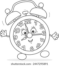 Funny alarm clock character waking little children up from sleep, friendly smiling, merrily ringing and waving in greeting in the morning, black and white vector cartoon illustration