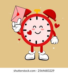 Funny alarm clock, Cute clock cartoon mascot holding love message perfect to valentine greeting card, sticer, mascot, icon