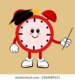 Funny alarm clock with ribbon, Alarm clock cartoon character, Cute clock cartoon mascot education style  perfect to valentine greeting card, sticker, mascot, icon, wake up