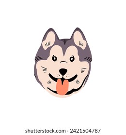 Funny Alaskan Malamute avatar. Amusing puppy of Siberian husky. Cute pup of sled dog show tongue. Happy doggy portrait of fluffy hound breed. Smile face pet. Flat isolated vector illustration on white