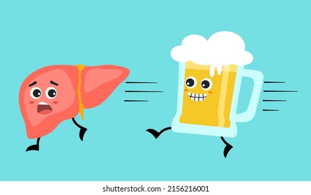 Funny alcohol damage liver character cartoon concept vector illustration. 