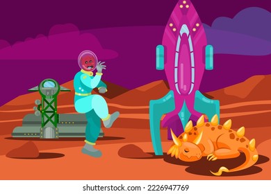 Funny alien afraid of sleeping monster cartoon illustration. Alien character landing on planet and scared of asleep reptile with horns and claws. Space, aliens, science fiction or fantasy concept
