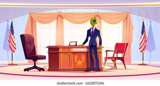 Funny alien business man or president stand in office with large windows, table, chairs and United States flags. Humanoid monster with green skin, wide eyes in formal suit. Cartoon vector illustration