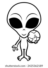 Funny Alien cartoon characters holding planet earth with it's hand. best for outline, logo, and coloring book with extraterrestrial themes