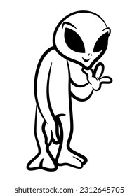 Funny Alien cartoon characters smile and greeting. We come with peace. Best for outline, logo, and coloring book with science-fiction themes for kids