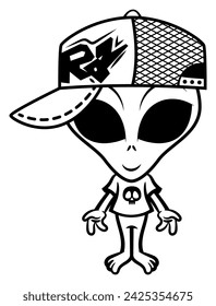 Funny Alien cartoon characters wearing street wear outfit like trucker cap with spray paint text drawn and t-shirt with skull drawn. best for outline or logo with extraterrestrial themes