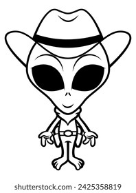 Funny Alien cartoon characters wearing cowboy costume like cowboy hat, scarf and a belt holster with guns. best for outline, logo, and coloring book with extraterrestrial themes