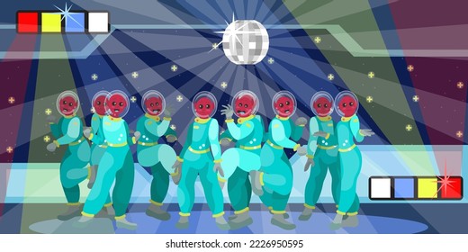 Funny alien character at disco or party cartoon illustration. Group of comic space creatures dancing together at club with disco lights. Space, aliens, fantasy, communication, entertainment concept