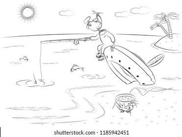 A funny alien fishing, sitting on a crashed flying saucer. Vector illustration in flat style.