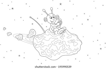 Funny alien flying on a small asteroid in space
