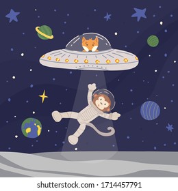 Funny alien fox in UFO with ray of light from spaceship kidnapping monkey astronaut from Moon. Outer space with stars and planets background. Cute isolated vector illustration in flat style.