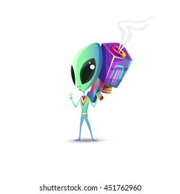 funny alien with a gun in his hand. isolated on white vector background 