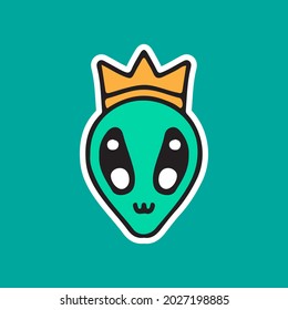 funny alien head with king crown. illustration for t shirt, poster, logo, sticker, or apparel merchandise.