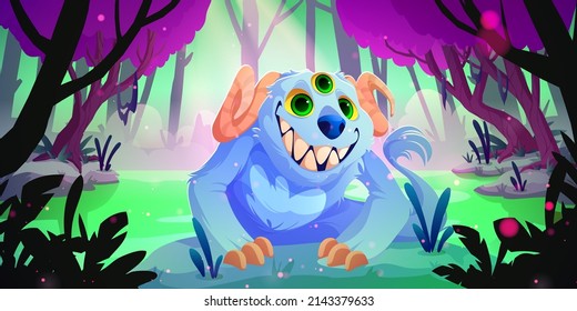 Funny alien monster cartoon character at fantasy nature landscape. Cute strange animal with blue fur, curve horns, smiling toothed muzzle and many eyes. Whimsical spooky creature Vector illustration