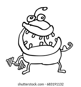 Funny alien monster keeps a dumbbell. Playing sports. Cute cartoon character. Vector illustration.