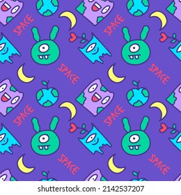 Funny alien monster on purple background seamless pattern. Modern vintage, pop art style seamless pattern concept.