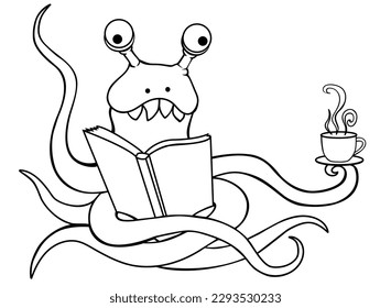 Funny alien monster with tentacles reads a book and drinks tea - a vector linear picture for coloring. Outline. A funny monster with big eyes is resting.