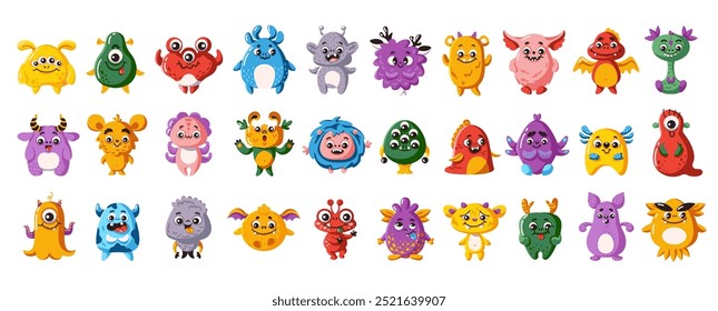 Funny alien monsters characters flat color vector icon set. Weird little creatures from another dimension illustration icon pack on white