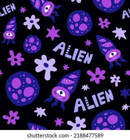 Funny alien and planet seamless pattern with lettering. Fantastic repeat background with stars, flowers, text and cosmic monster. Hand drawn vector illustration in cartoon style. Kids textile fabric