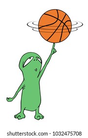 Funny alien playing basketball