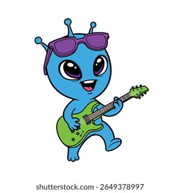 Funny Alien Playing Guitar Cartoon Vector