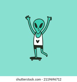 Funny alien riding skateboard, illustration for t-shirt, sticker, or apparel merchandise. With retro cartoon style.