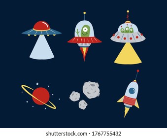 Funny alien.  Alien ships, planet and meteor vector set.