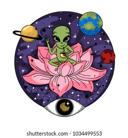 Funny alien sits on a pink jug and drinks coffee in space. Sacred illustration with planets and a third eye. Original patch.