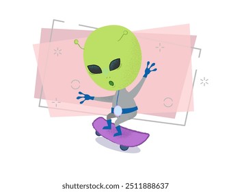 Engraçado skate alienígena. Traço, criatura, personagem de desenho animado. Pode ser usado para tópicos como esporte extremo, lazer, cosmos