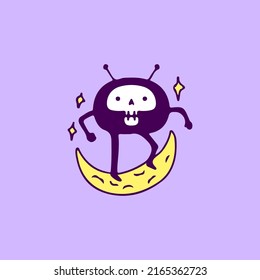 Funny alien skull skating with moon, illustration for t-shirt, sticker, or apparel merchandise. With doodle, retro, and cartoon style.