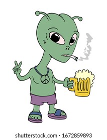 Funny alien smoking and with beer