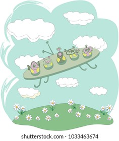 Funny alien spaceship flying. Vector cartoon illustration on blue background, UFO.