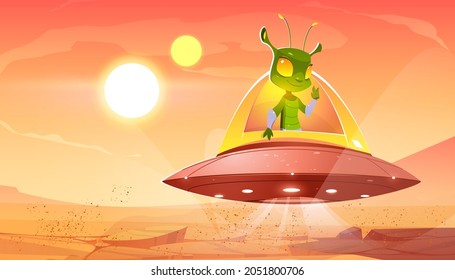 Funny alien in spaceship hover above Mars surface. Vector cartoon illustration of red planet landscape and cute green extraterrestrial character in flying saucer