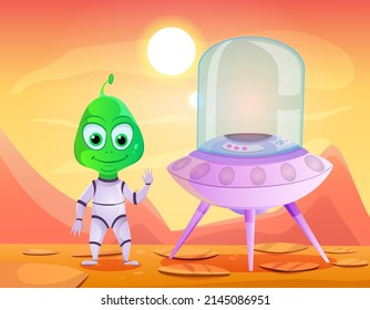 A funny alien in a spaceship landed on the planet's surface.