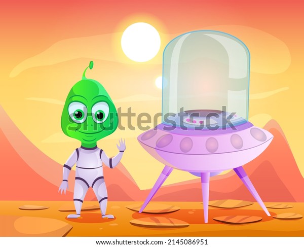 A funny alien in a spaceship landed on the\
planet\'s surface.