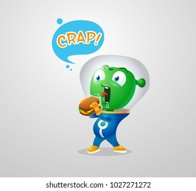 Funny alien trying to eat earthy sandwich